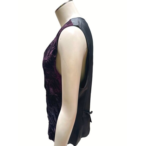 Clio Velvet Satin Sleeveless Vest Button Front Black Purple Size M - Picture 2 of 9